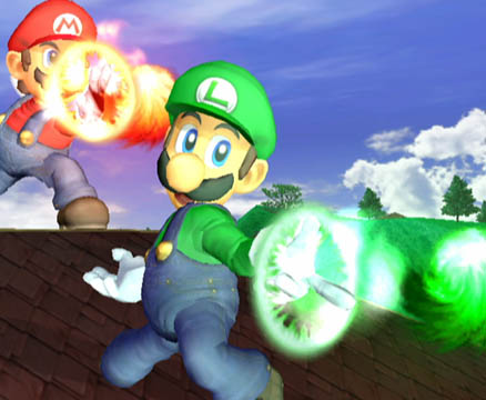 Luigi thowing a Fireball next to Mario!