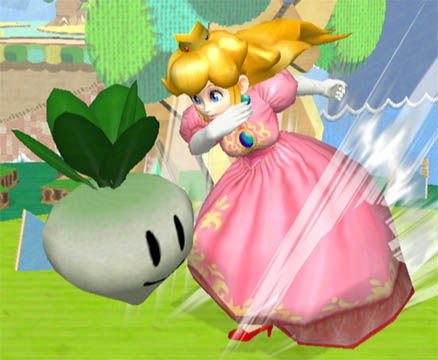 Peach thowing a vegetable!